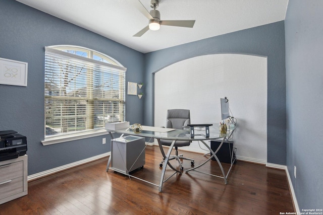 office area featuring dark hardwood / wood-style flooring and ceiling fan