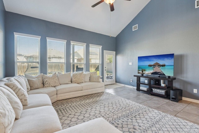 tiled living room featuring plenty of natural light, lofted ceiling, and ceiling fan