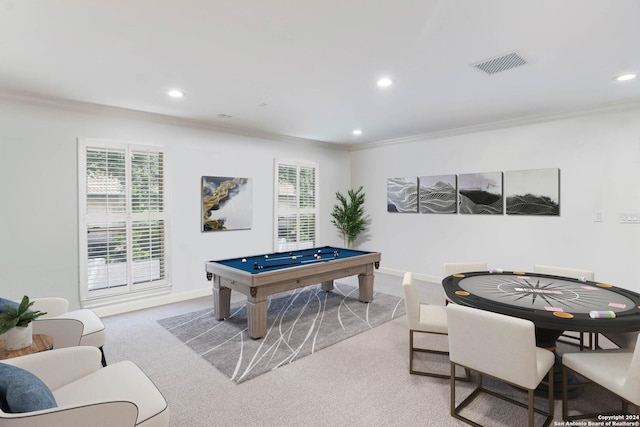 rec room featuring plenty of natural light, crown molding, light carpet, and pool table