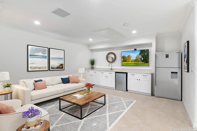 carpeted living room with crown molding