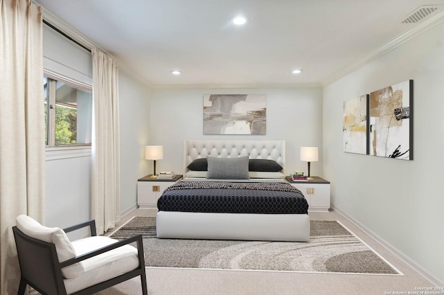 carpeted bedroom featuring ornamental molding