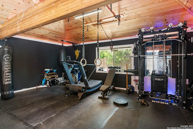 gym featuring wooden ceiling