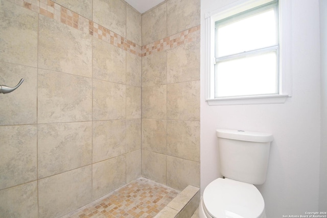 bathroom featuring plenty of natural light, toilet, and tiled shower