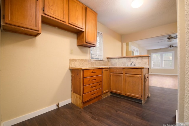 kitchen with kitchen peninsula, a wealth of natural light, dark hardwood / wood-style flooring, and sink