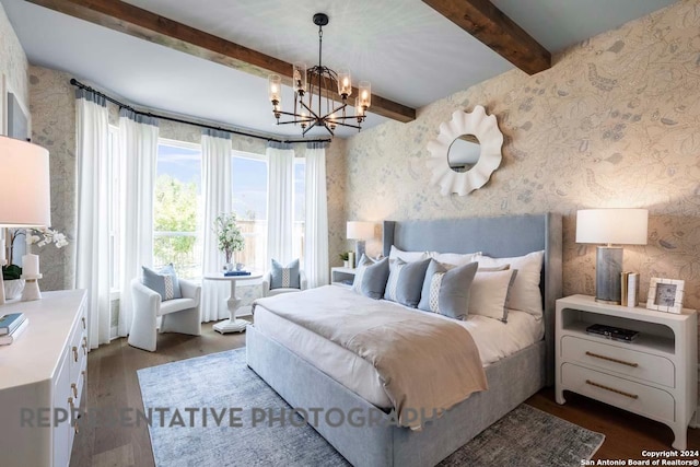 bedroom featuring beam ceiling, a chandelier, and dark hardwood / wood-style floors