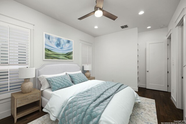 653 Center Grn, New Braunfels, TX 78130 - bedroom featuring dark hardwood / wood-style flooring and ceiling fan