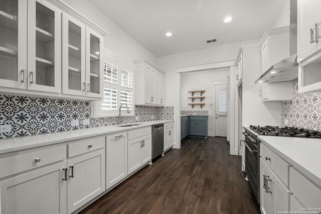 653 Center Grn, New Braunfels, TX 78130 - kitchen with white cabinetry, sink, wall chimney exhaust hood, dark wood-type flooring, and appliances with stainless steel finishes