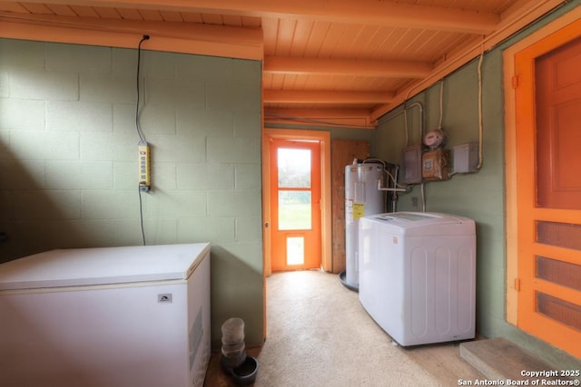 laundry room with washer / dryer, electric water heater, and wooden ceiling