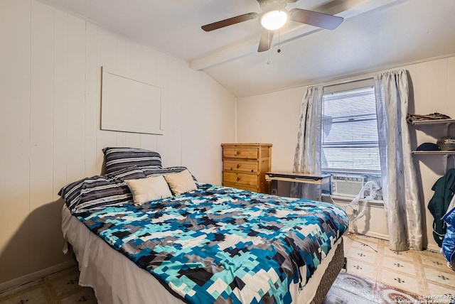 bedroom featuring ceiling fan, cooling unit, and lofted ceiling with beams