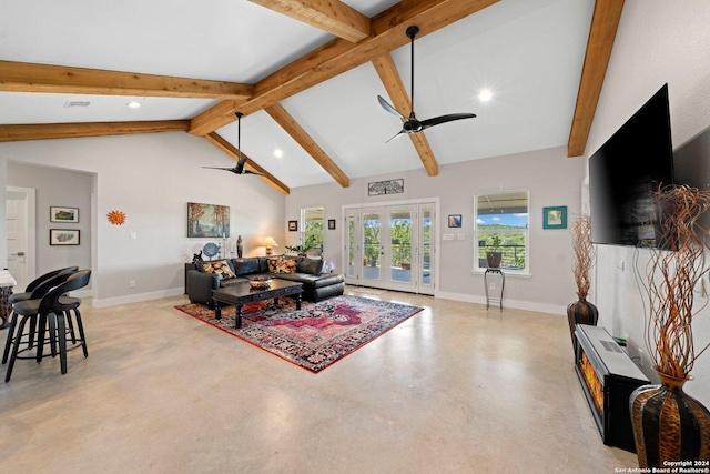 living room featuring french doors, lofted ceiling with beams, and ceiling fan