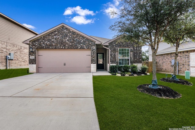 ranch-style house featuring a garage, driveway, a front yard, and brick siding