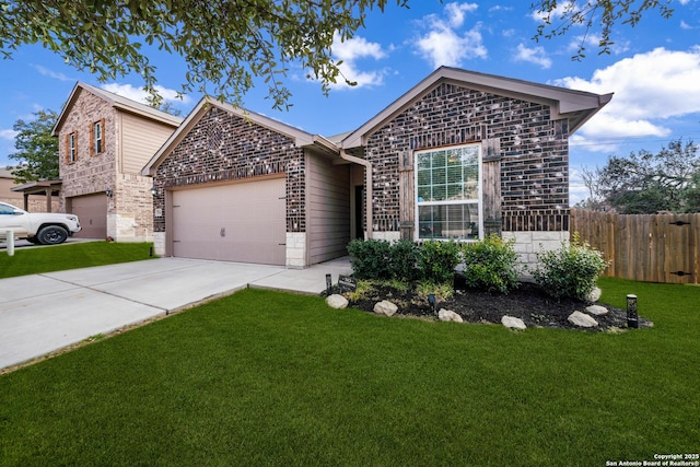 ranch-style home with a garage, brick siding, fence, concrete driveway, and a front yard