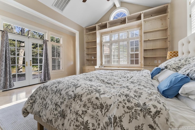 tiled bedroom featuring multiple windows, ceiling fan, french doors, and lofted ceiling with beams