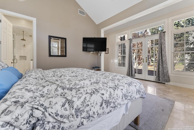 bedroom with access to exterior, lofted ceiling, connected bathroom, and french doors