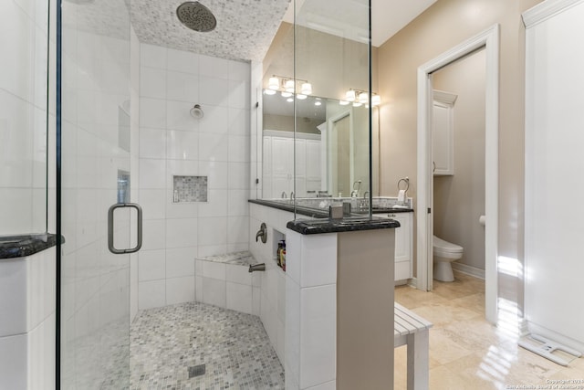 bathroom featuring vanity, toilet, and a shower with shower door