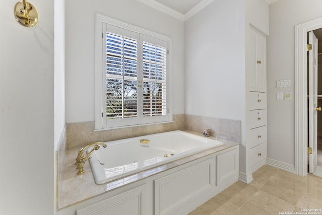 bathroom with a wealth of natural light, crown molding, and a bath