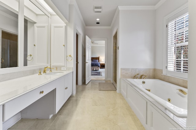 bathroom with tile patterned floors, vanity, a bath, and ornamental molding