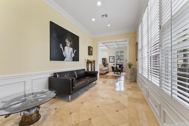 corridor featuring beam ceiling, ornamental molding, and coffered ceiling