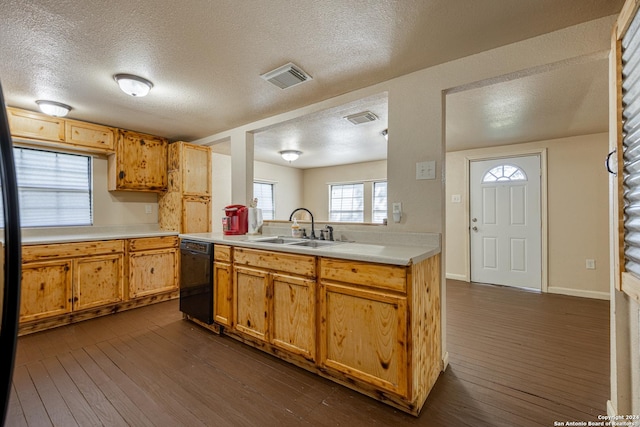 kitchen featuring a textured ceiling, dishwasher, sink, and dark hardwood / wood-style floors