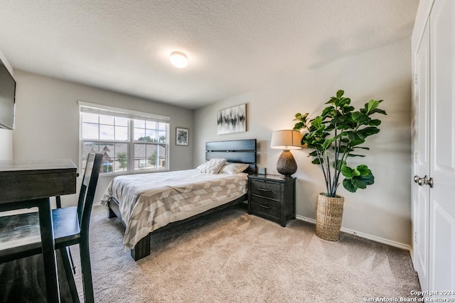 bedroom with carpet and a textured ceiling