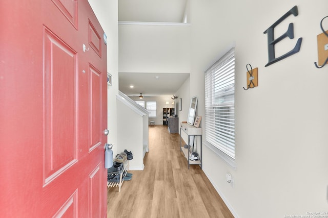 entrance foyer featuring ceiling fan and light hardwood / wood-style floors