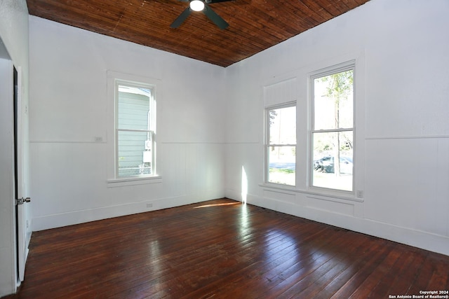 spare room featuring dark hardwood / wood-style floors, ceiling fan, and wooden ceiling