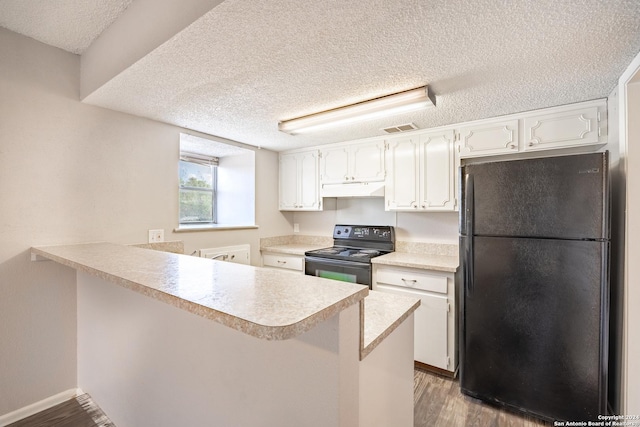 kitchen featuring black appliances, white cabinetry, kitchen peninsula, and dark wood-type flooring