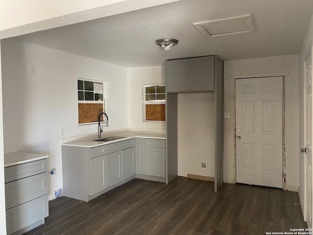 kitchen featuring gray cabinets, sink, and dark wood-type flooring