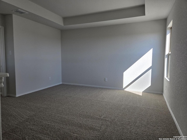 empty room featuring dark colored carpet and a raised ceiling