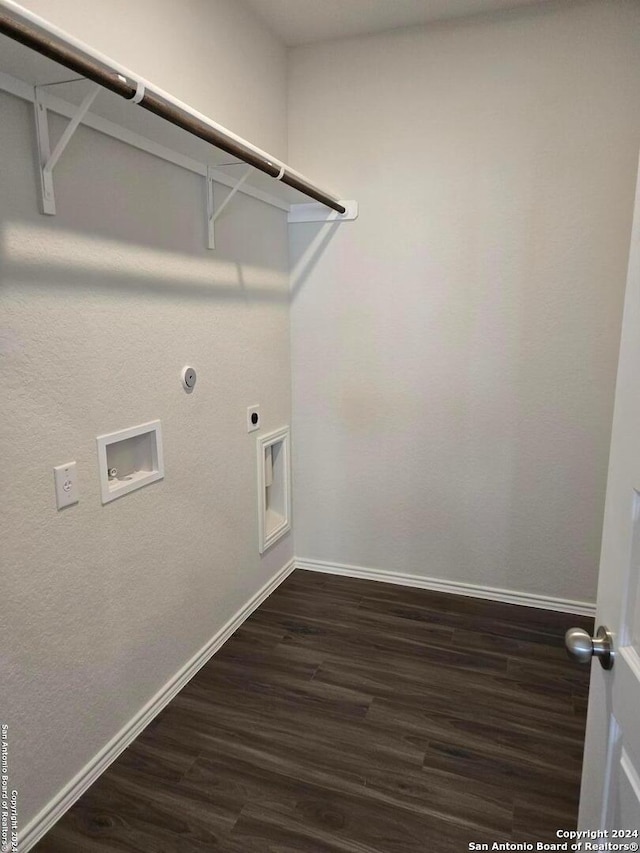 washroom with electric dryer hookup, hookup for a gas dryer, hookup for a washing machine, and dark wood-type flooring