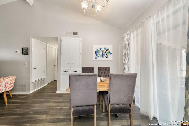 dining area featuring a notable chandelier, dark hardwood / wood-style flooring, and vaulted ceiling