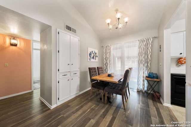 dining area with a chandelier, dark wood-type flooring, and lofted ceiling