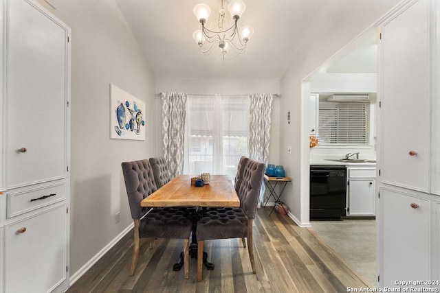 dining space with light hardwood / wood-style floors, an inviting chandelier, and sink