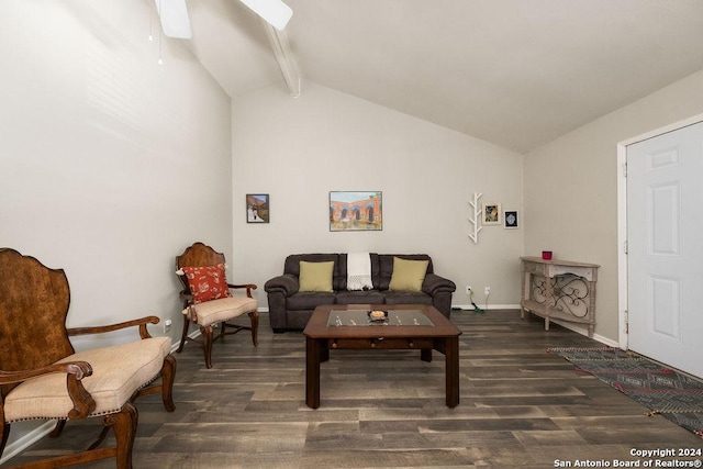 living room with vaulted ceiling with beams, ceiling fan, and dark hardwood / wood-style flooring