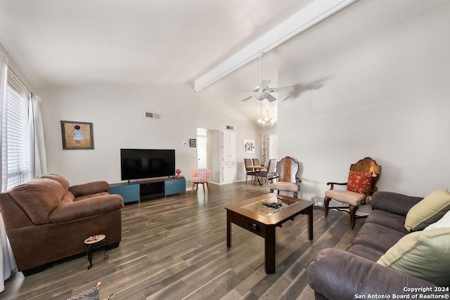 living room with vaulted ceiling with beams, ceiling fan, and dark wood-type flooring