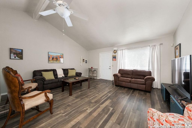 living room featuring ceiling fan, beamed ceiling, dark hardwood / wood-style floors, and high vaulted ceiling