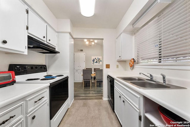 kitchen with white electric range oven, sink, white cabinets, black dishwasher, and light hardwood / wood-style floors