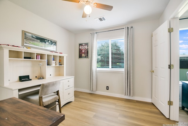 home office featuring ceiling fan, built in desk, and light wood-type flooring