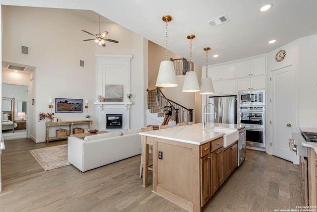 kitchen featuring sink, light hardwood / wood-style floors, pendant lighting, a center island with sink, and appliances with stainless steel finishes