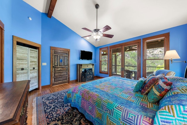 bedroom featuring high vaulted ceiling, hardwood / wood-style flooring, ceiling fan, access to exterior, and beamed ceiling