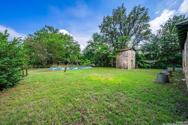 view of yard featuring a storage shed and a swimming pool