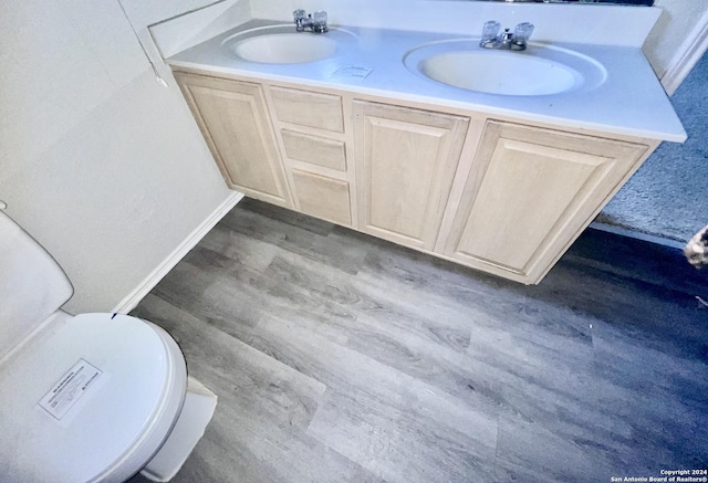 bathroom with hardwood / wood-style flooring, vanity, and toilet