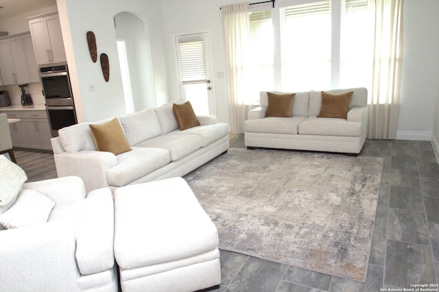 living room with dark wood-type flooring