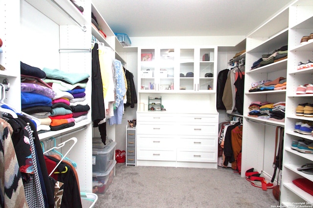 walk in closet featuring light carpet