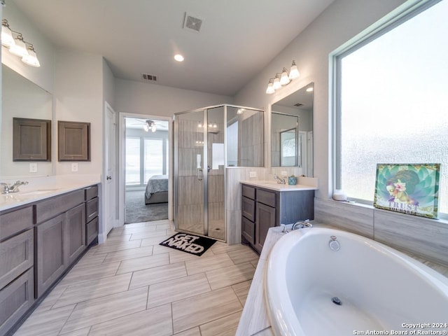 bathroom featuring plenty of natural light, independent shower and bath, and vanity