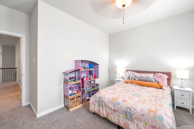 bedroom with ceiling fan and carpet