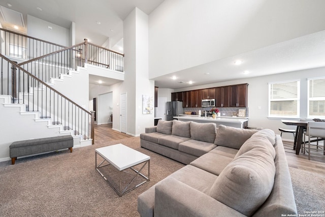 living room featuring a high ceiling