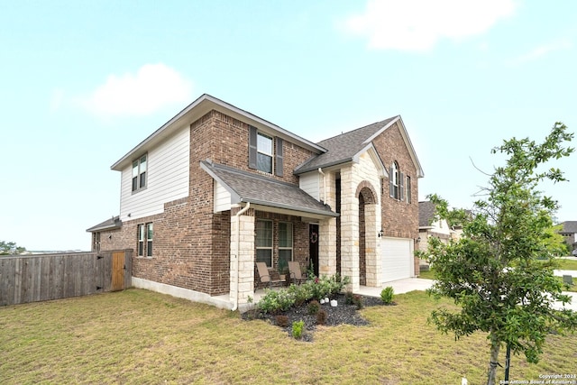 view of home's exterior with a garage and a lawn