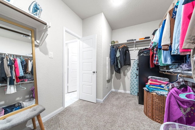 spacious closet featuring light colored carpet