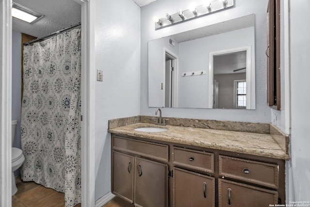 bathroom featuring a textured ceiling, vanity, toilet, and curtained shower